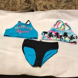 Girls Bathing Suit Bundle Set  - 1 reversible Blue and Black Bottom with 2 Tops